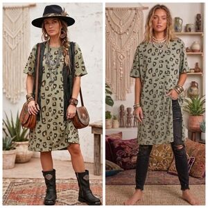 easel Olive Green Leopard Print Short Sleeve Tee Dress